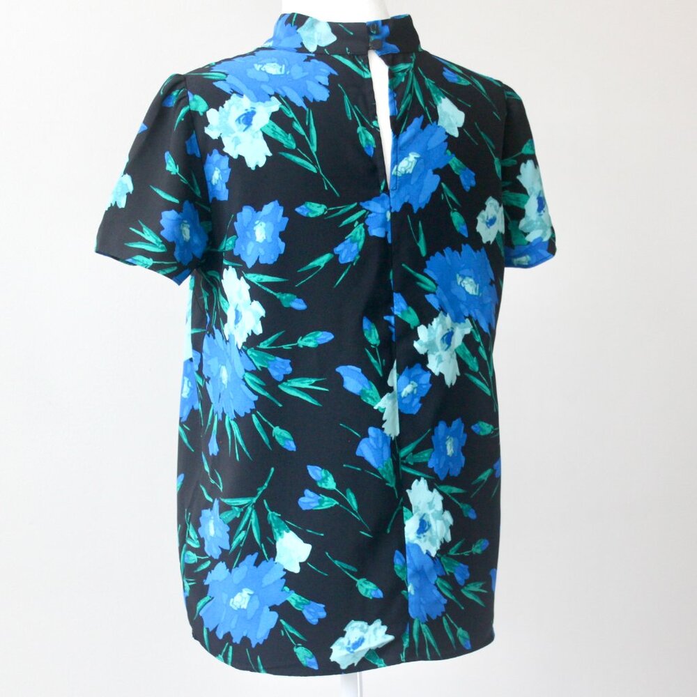 J. Crew Blue Black Floral Short-Sleeve Mock-Neck Whimsigoth Blouse Extra Small - Picture 7 of 10